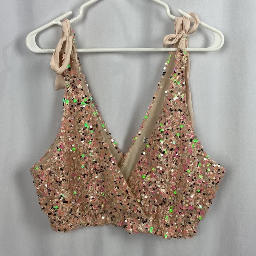 Free People Big Night Sequin Crop Top - Champagne Rose - Size Large NWOT - Picture 5 of 13